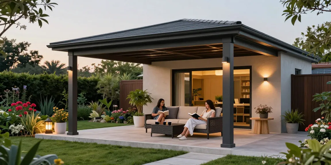 Terrassenüberdachung freistehend in einem stilvollen Garten mit entspannten Personen und einer gemütlichen Atmosphäre.