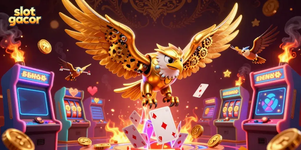Dynamic scene showcasing a cybernetic golden eagle and slot elements representing 'slot gacor' excitement.