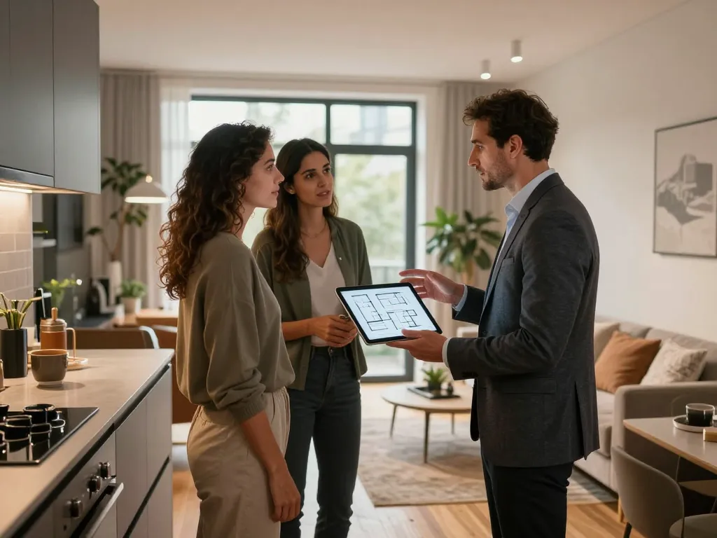 Immobilienmakler Frankfurt Dornbusch diskutiert mit Käufern die Eigenschaften von Immobilien in einer modernen Wohnung.