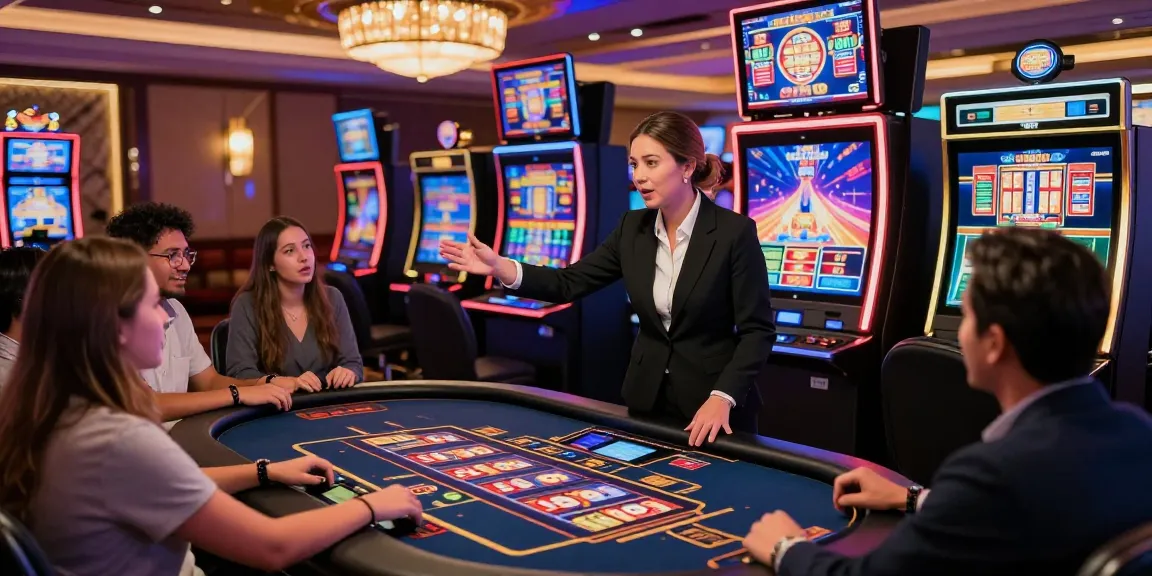 Exciting online gaming scene featuring a dealer, vibrant slot machines, and eager players experiencing สล็อตเว็บตรง thrills.