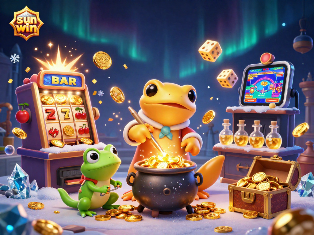 Experience the magic of sun win with a vibrant casino scene featuring a golden salamander and exciting gaming elements.