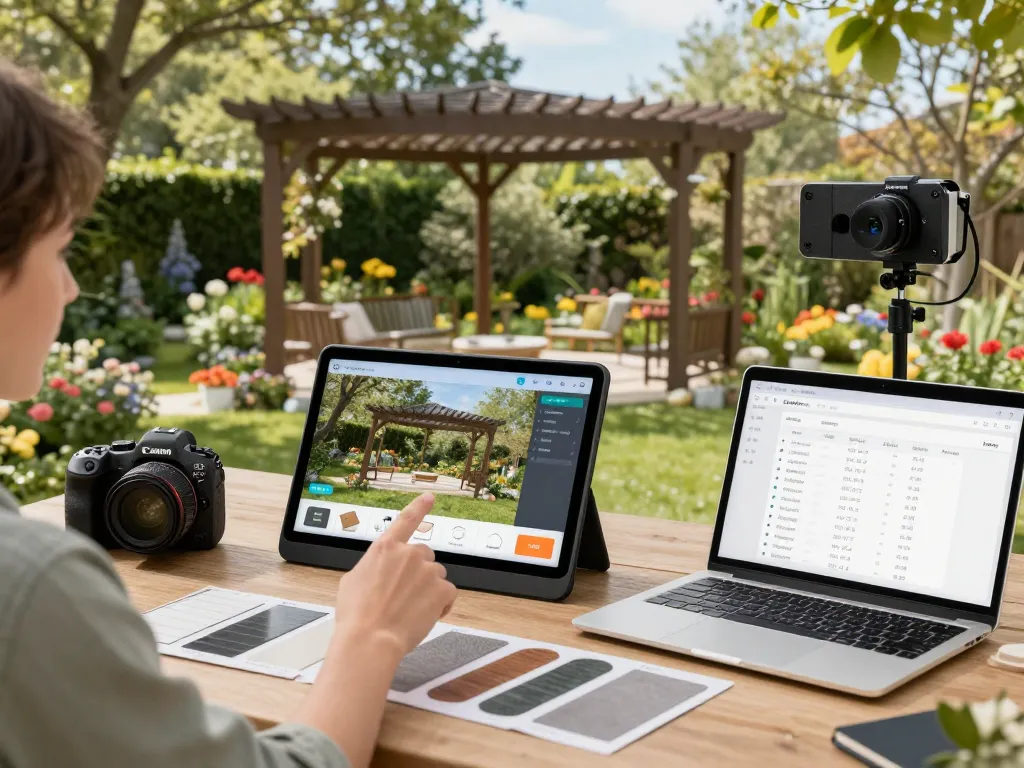 Pergola Konfigurator 3D interaktive Sitzung zeigt anpassbare Designs und AR-Projektionen in einem lebhaften Garten im Freien.
