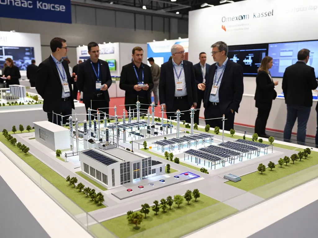 Präsentation des Energie Modells Omexom Kassel auf der Messe, erleuchtet von LED und interaktiven Elementen.