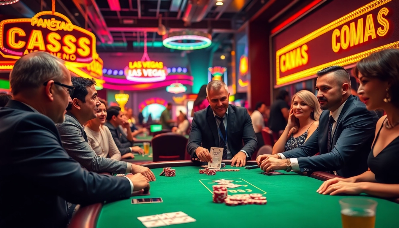 Spielen auf casinospiele.de an einem Poker-Tisch mit lebhaften Spielern und Dealer.