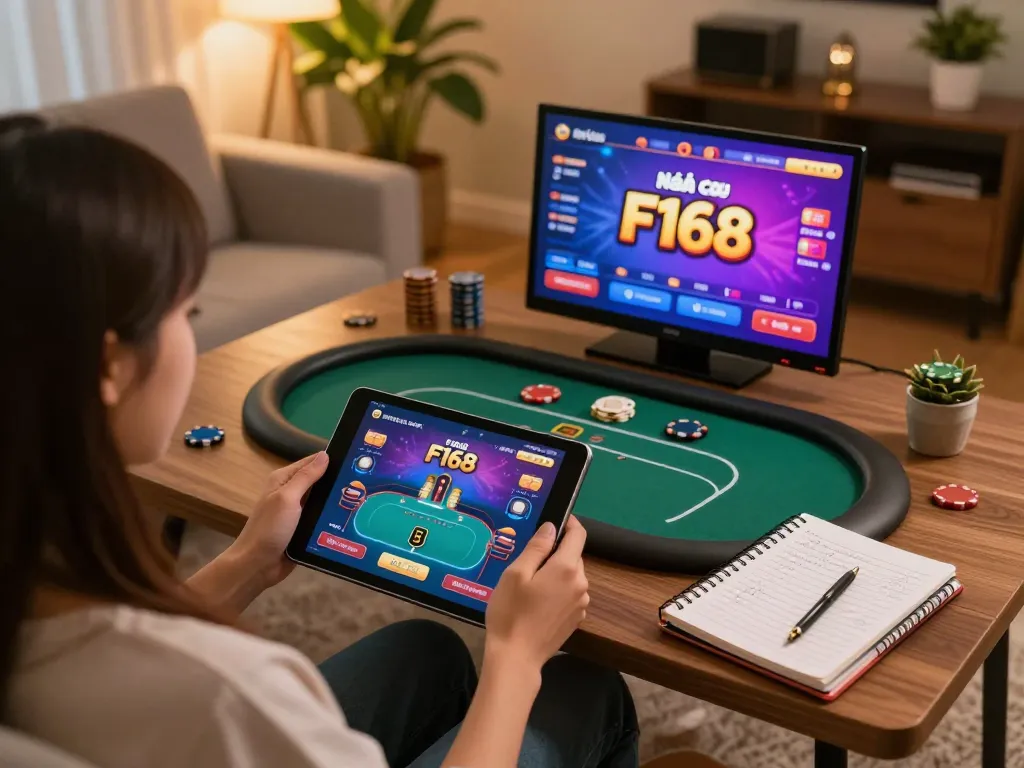 Player enjoying online gaming at Nhà cái F168 on tablet in cozy living room setting.