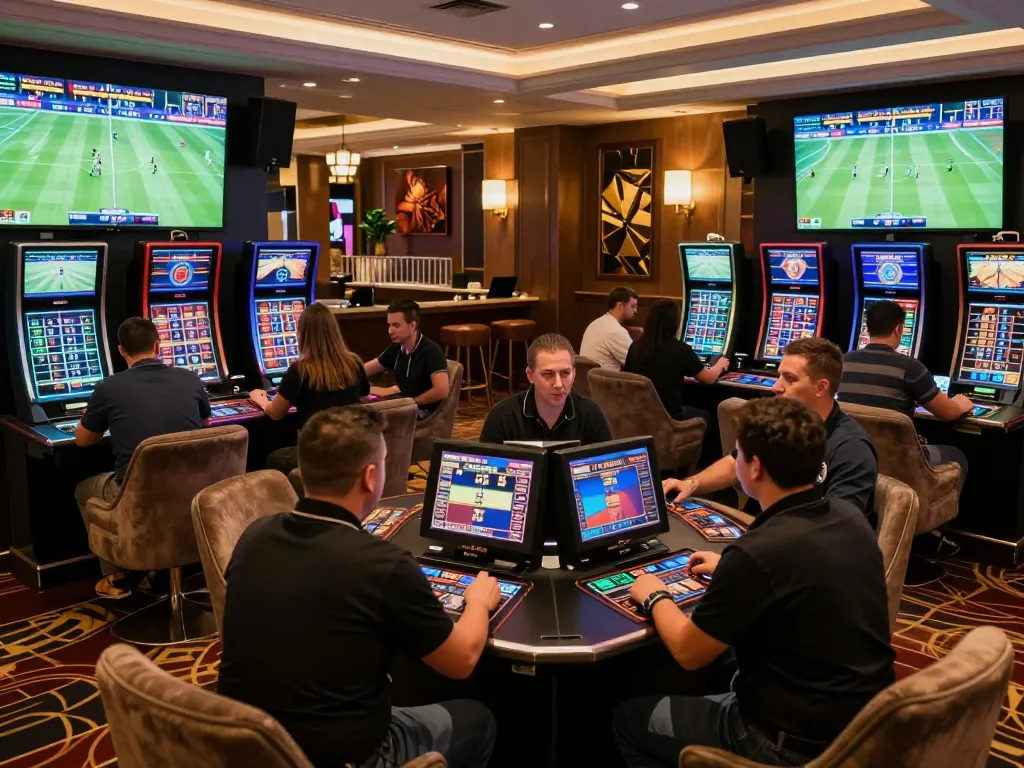 Engaged bettors at a luxurious SC88 sportsbook analyzing odds and placing wagers.