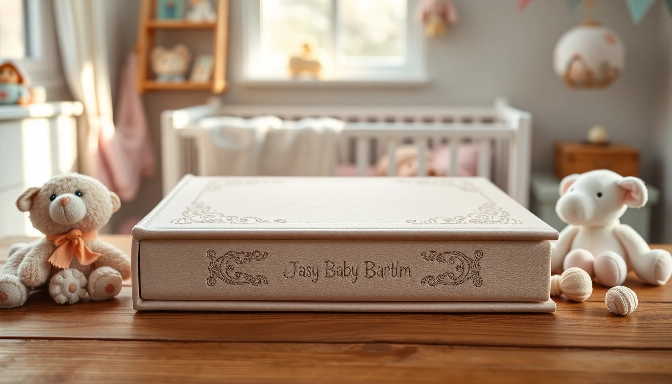 Persönliches Babyalbum auf einem Holztisch, umgeben von sanften pastellfarbenen Babyspielzeugen.
