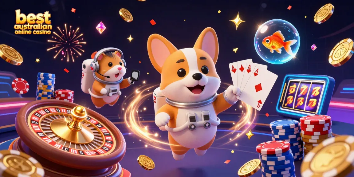 Experience the excitement at the best australian online casino with floating characters in a vibrant casino environment.