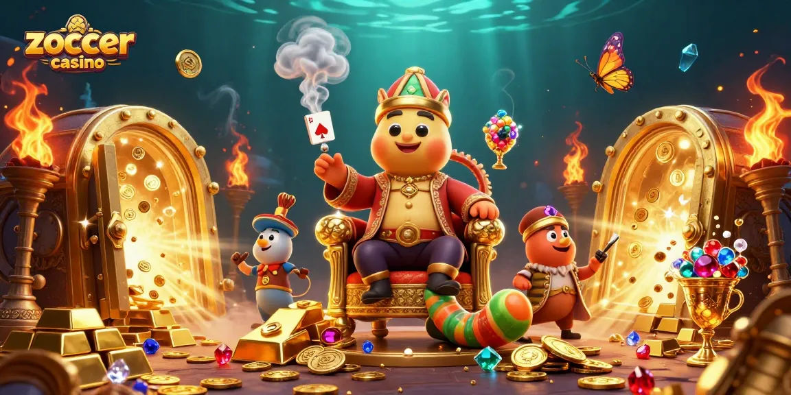 Zoccer casino features a luxurious scene with a caterpillar hookah-master and treasures in a vibrant, casino-themed digital illustration.