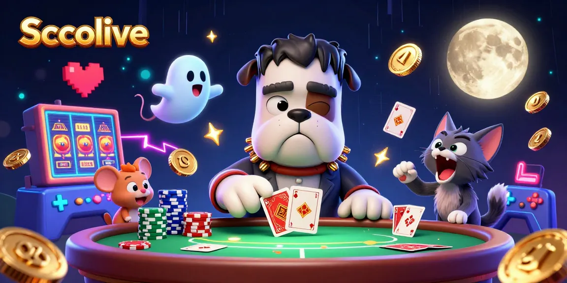 Socolive showcases a lively 3D scene with a Frankenstein bulldog dealing poker cards at a spooky table, highlighting an immersive casino atmosphere.