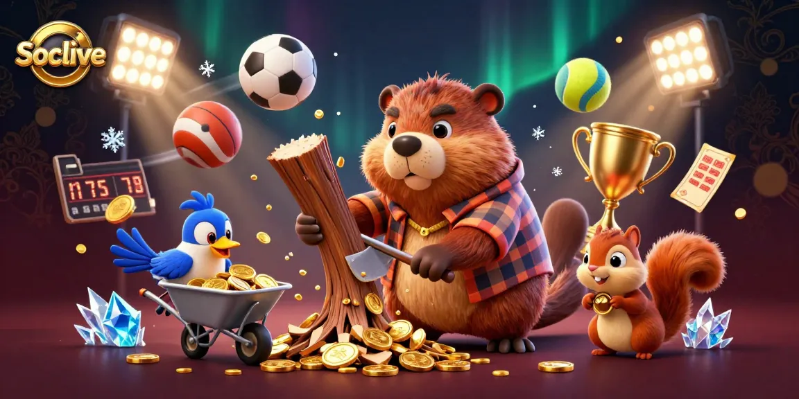 Socolive enhances sports betting excitement with a 3D beaver character collecting golden coins amidst dynamic sports elements.