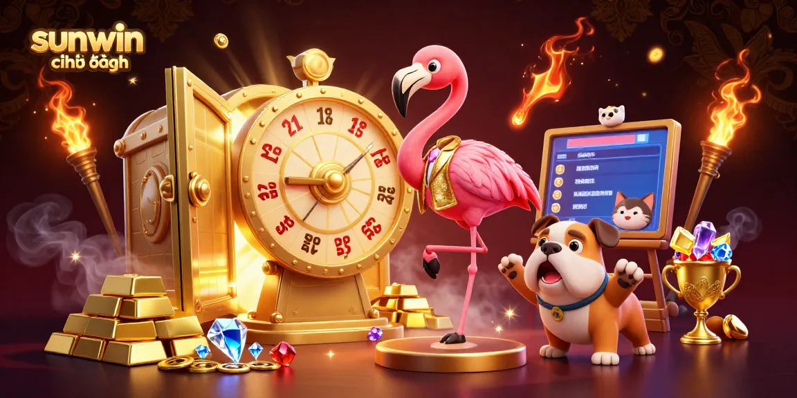 Excited contestant engages with sunwin chính hãng as a game show host spins a prize wheel surrounded by treasures.